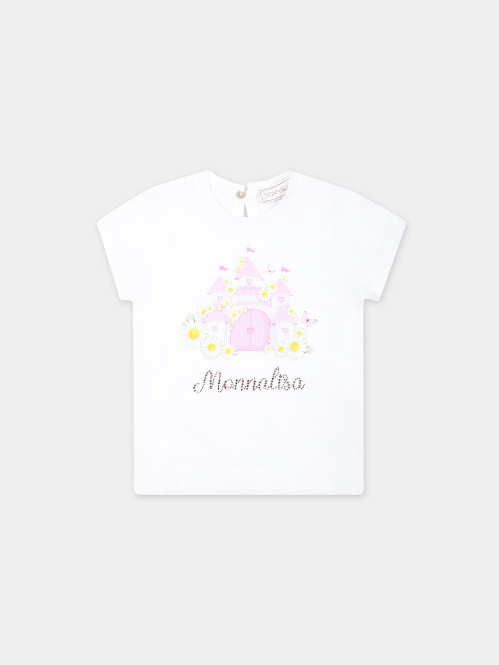 T-shirt bianca per neonata con stampa castello e logo